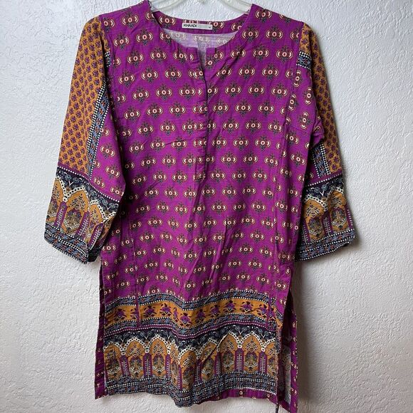 Khaadi Pakistani Cotton Pink Orange Design Tunic Size 12 Boho Traditional Floral - Picture 1 of 7